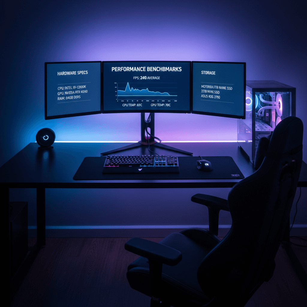 Gaming PC setup with performance metrics on screen
